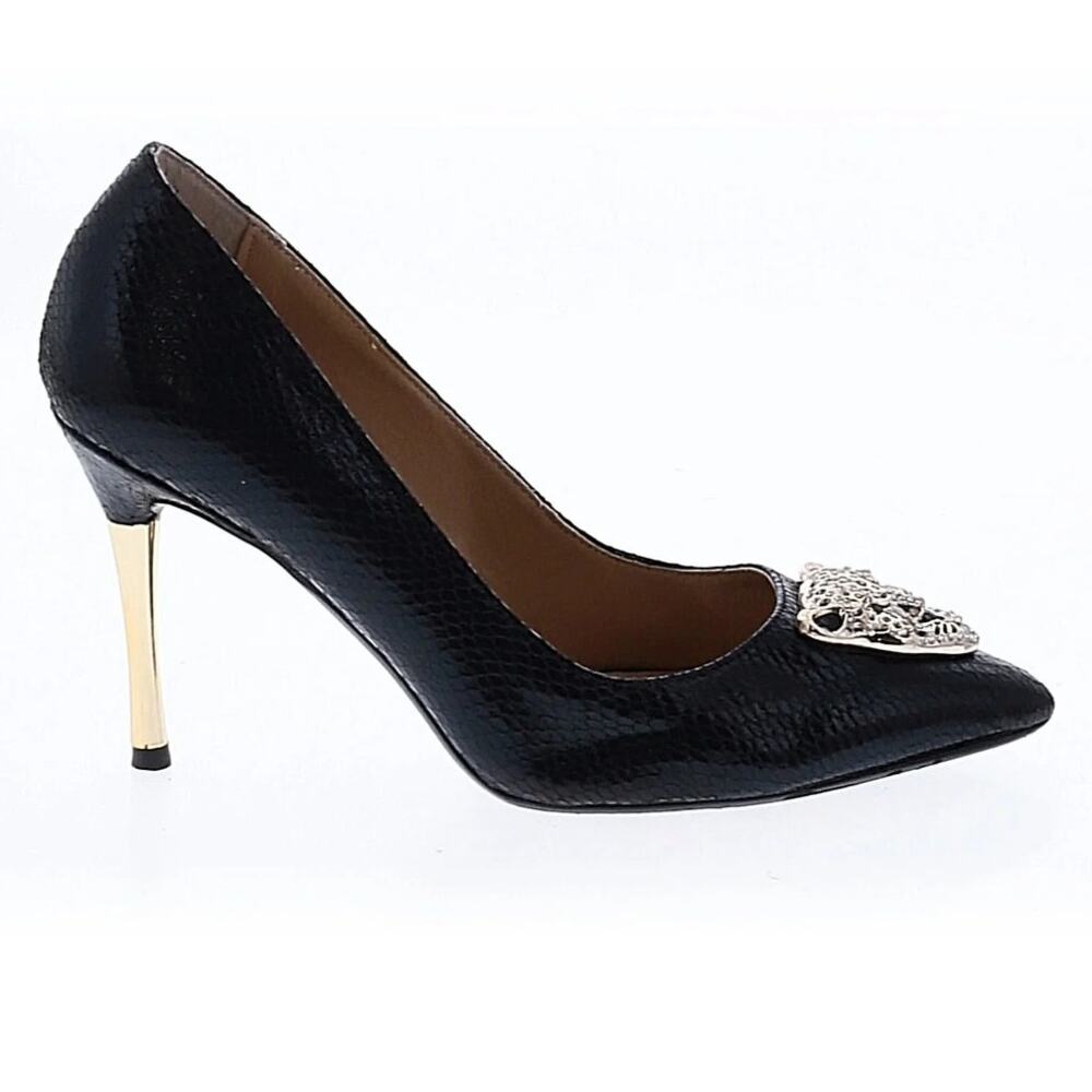 8.5 black stiletto pump Thalia Sodi metallic gold heels leopard brooch pointed